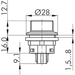 Wahltaster rastend 2S, Schaltwinkel +-60°, Einbau-Ø 22,3mm, Flachstecker , Technische Zeichnung