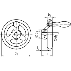 Speichen-Handräder DIN 950 aus Aluminium mit Gewindeauge, Technische Zeichnung